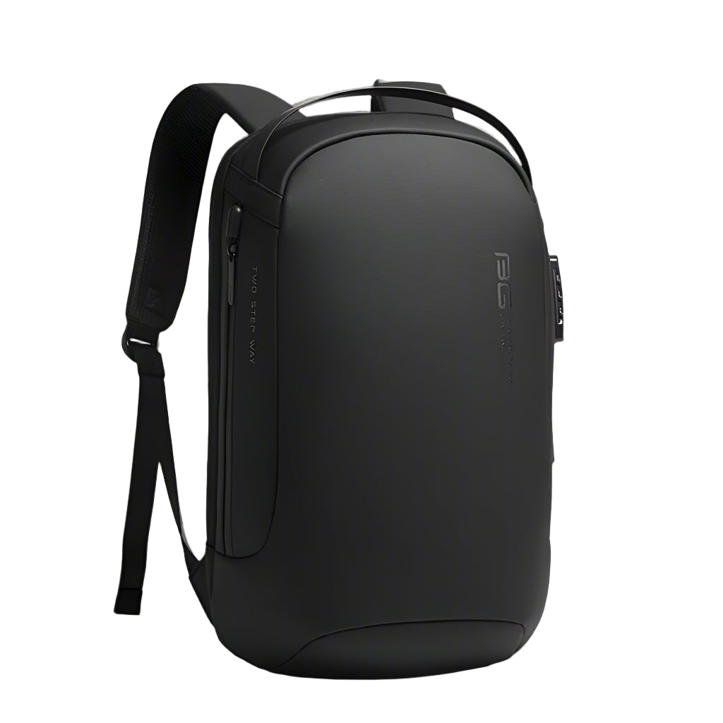 Black backpack on a light gray background