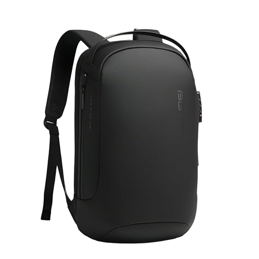 Black backpack on a light gray background
