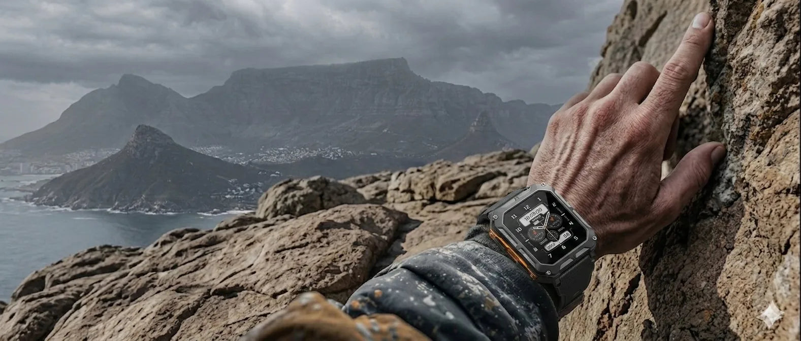 Hand on a rocky outcrop with an Aega smart watch on the wrist Table Mountain in the background