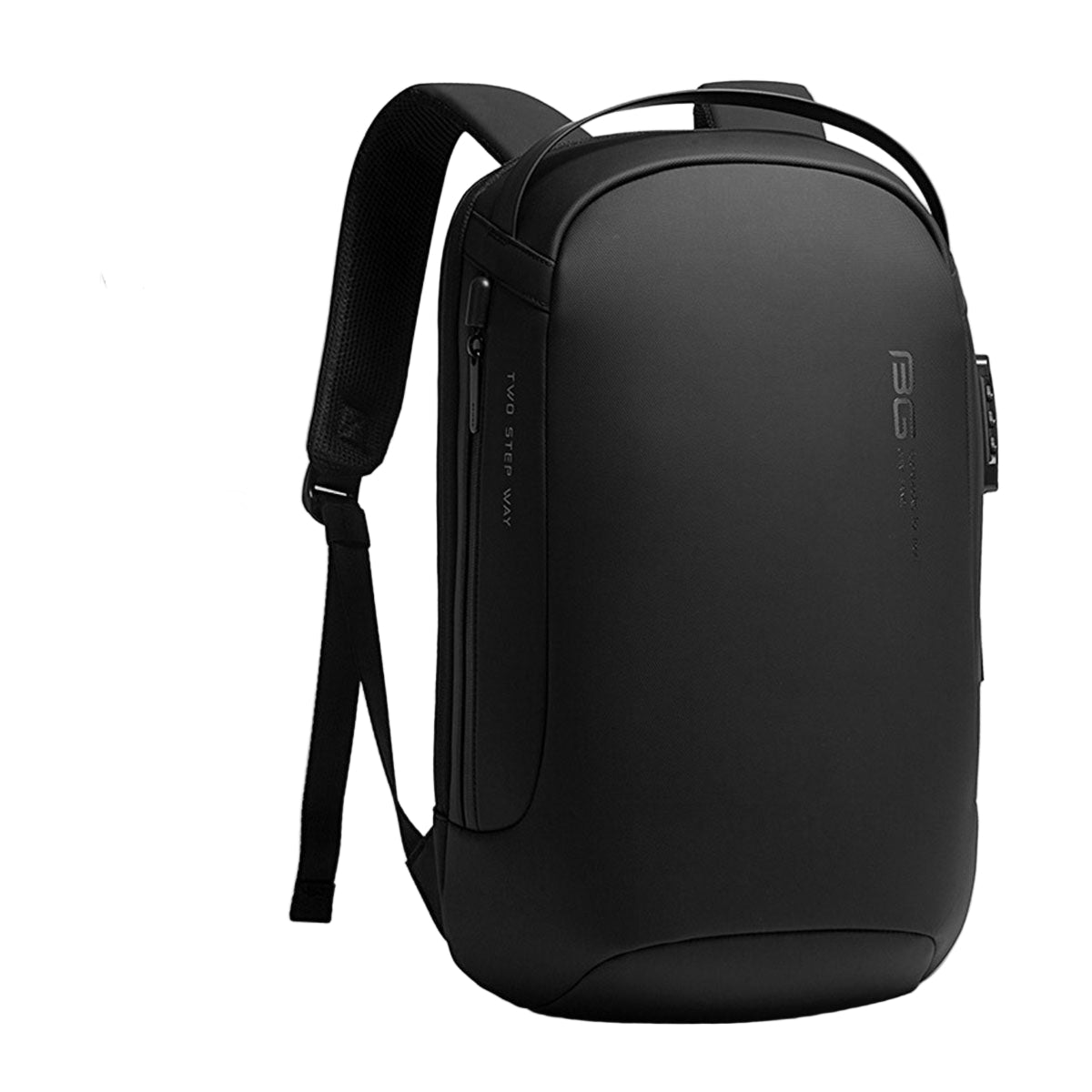 Black backpack with features labeled on a light gray background