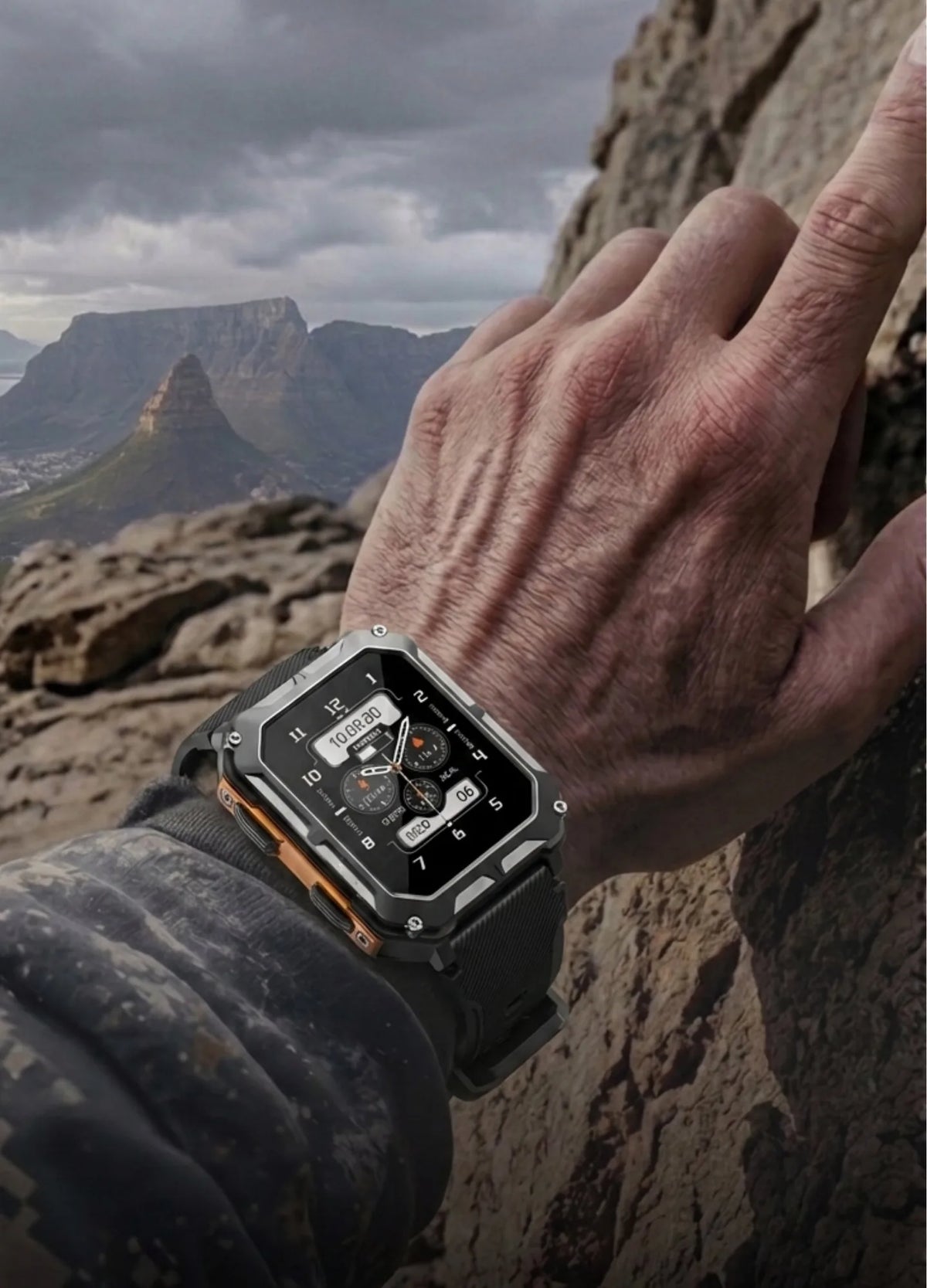 Hand on a rocky outcrop with an Aega smart watch on the wrist Table Mountain in the background
