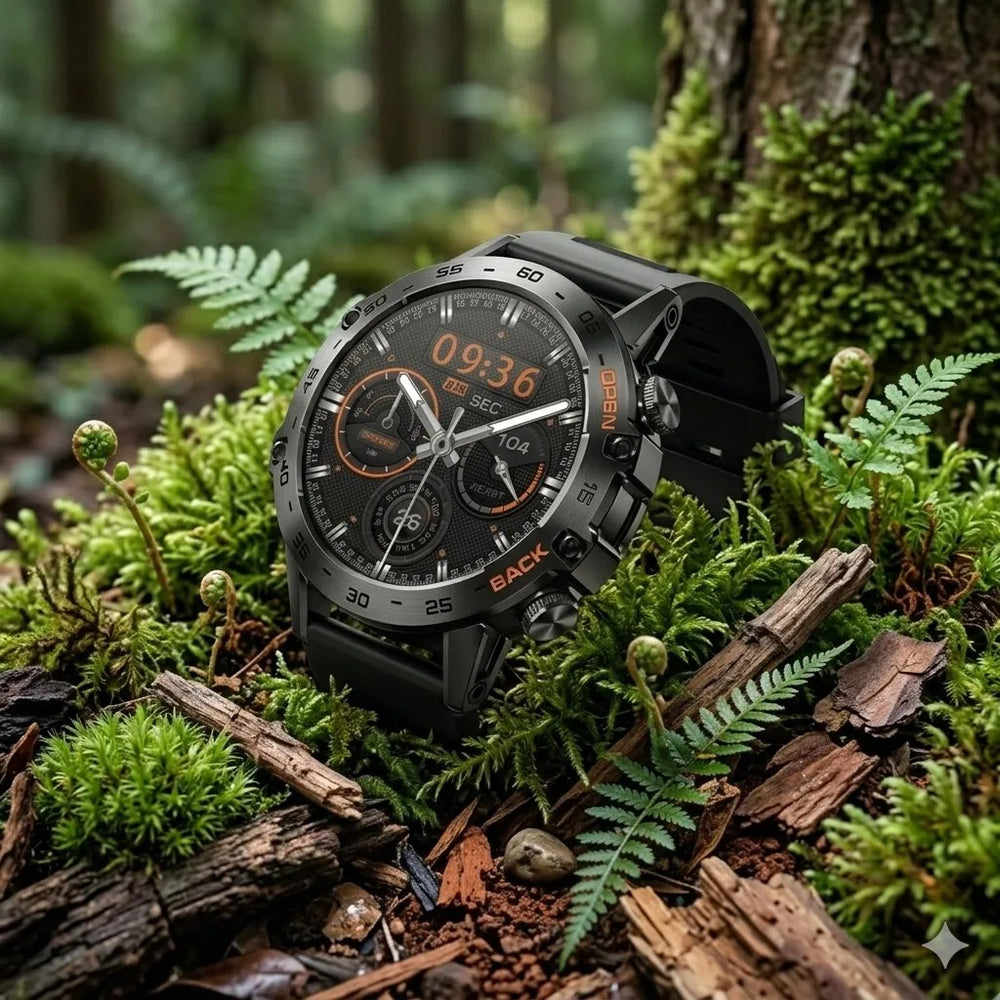 AEGA Nomadic rugged round smart watch outdoors on a mossy log, IP68 water-resistant