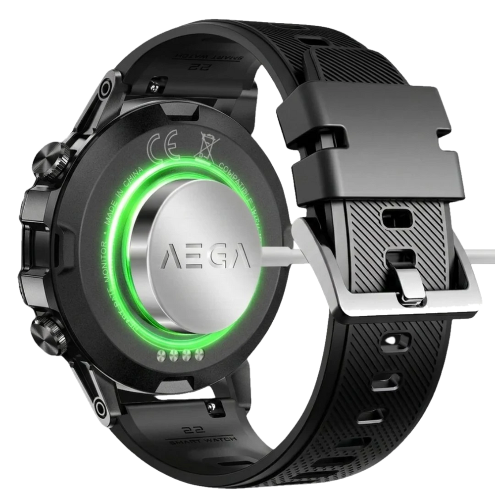 AEGA Nomadic smart watch caseback and black silicone strap with charging contacts