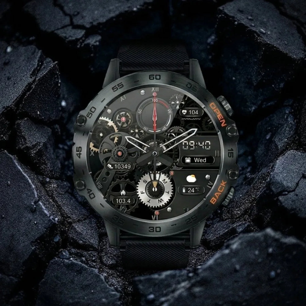 AEGA Nomadic rugged smart watch on dark rock, front view of the mechanical skeleton face