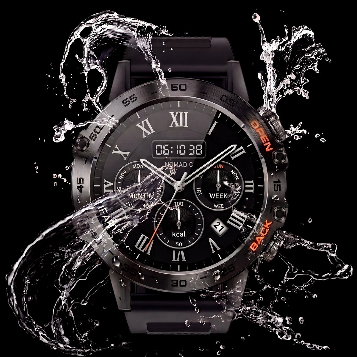AEGA Nomadic rugged round smart watch with water splash, IP68 water-resistant for men