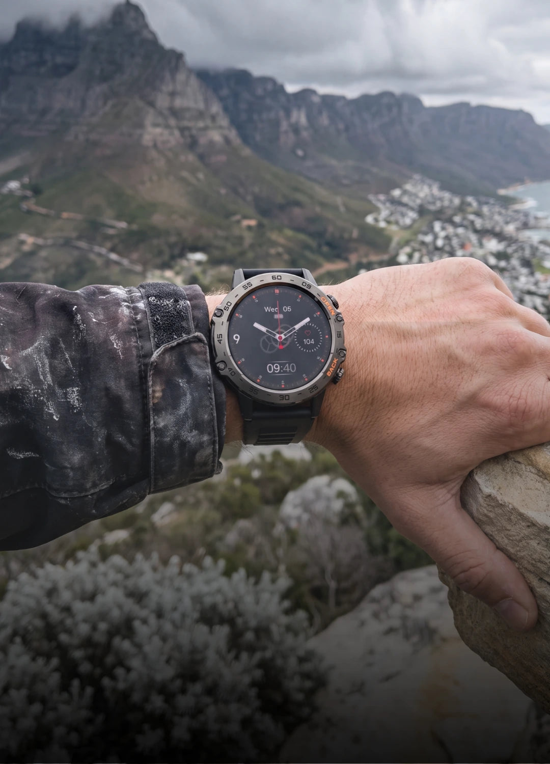 AEGA Nomadic rugged smart watch worn on the wrist outdoors, up to 21-day battery