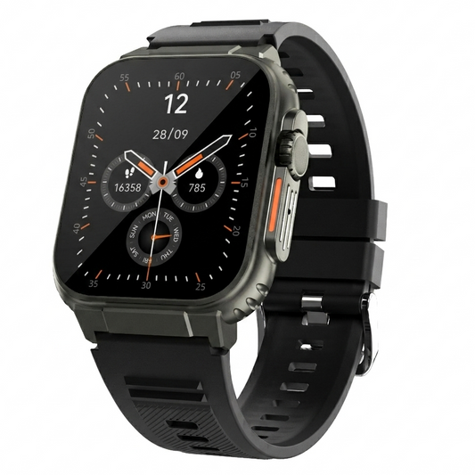 Smartwatch with a black strap on a white background
