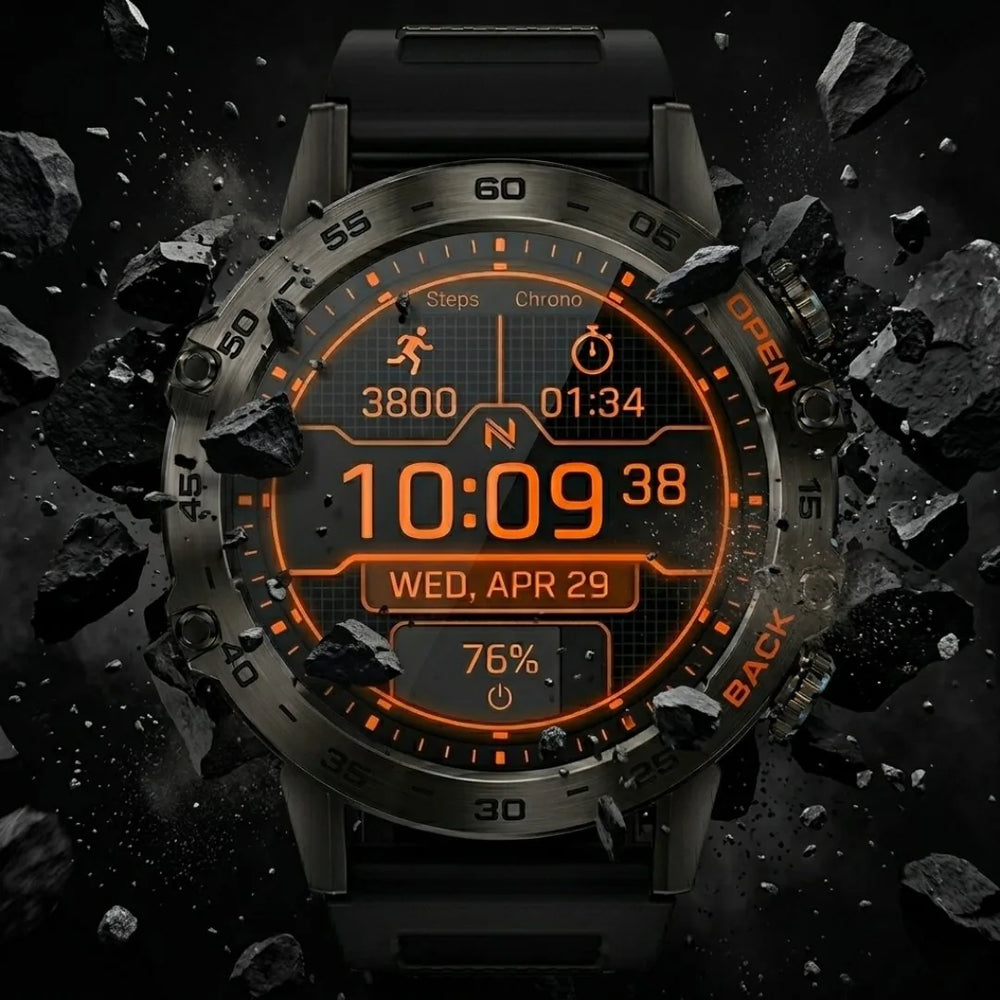 AEGA Nomadic rugged smart watch for men, orange sport watch face, front view