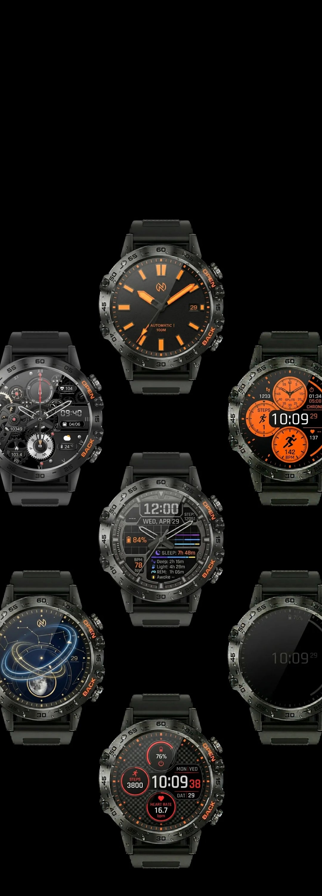 AEGA Nomadic round smart watch shown with a range of customisable watch face options