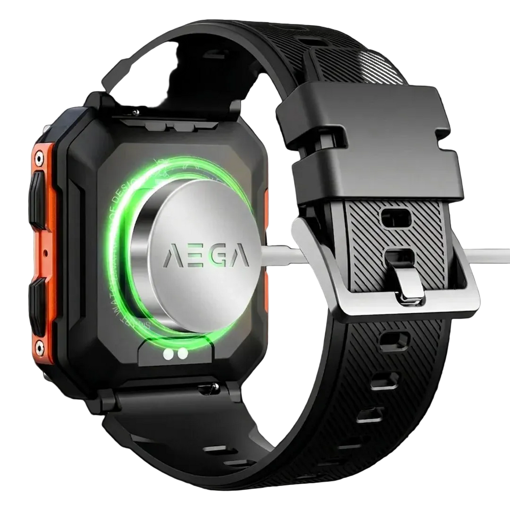 AEGA Nomad smart watch caseback on the magnetic charging cable, showing the AEGA logo