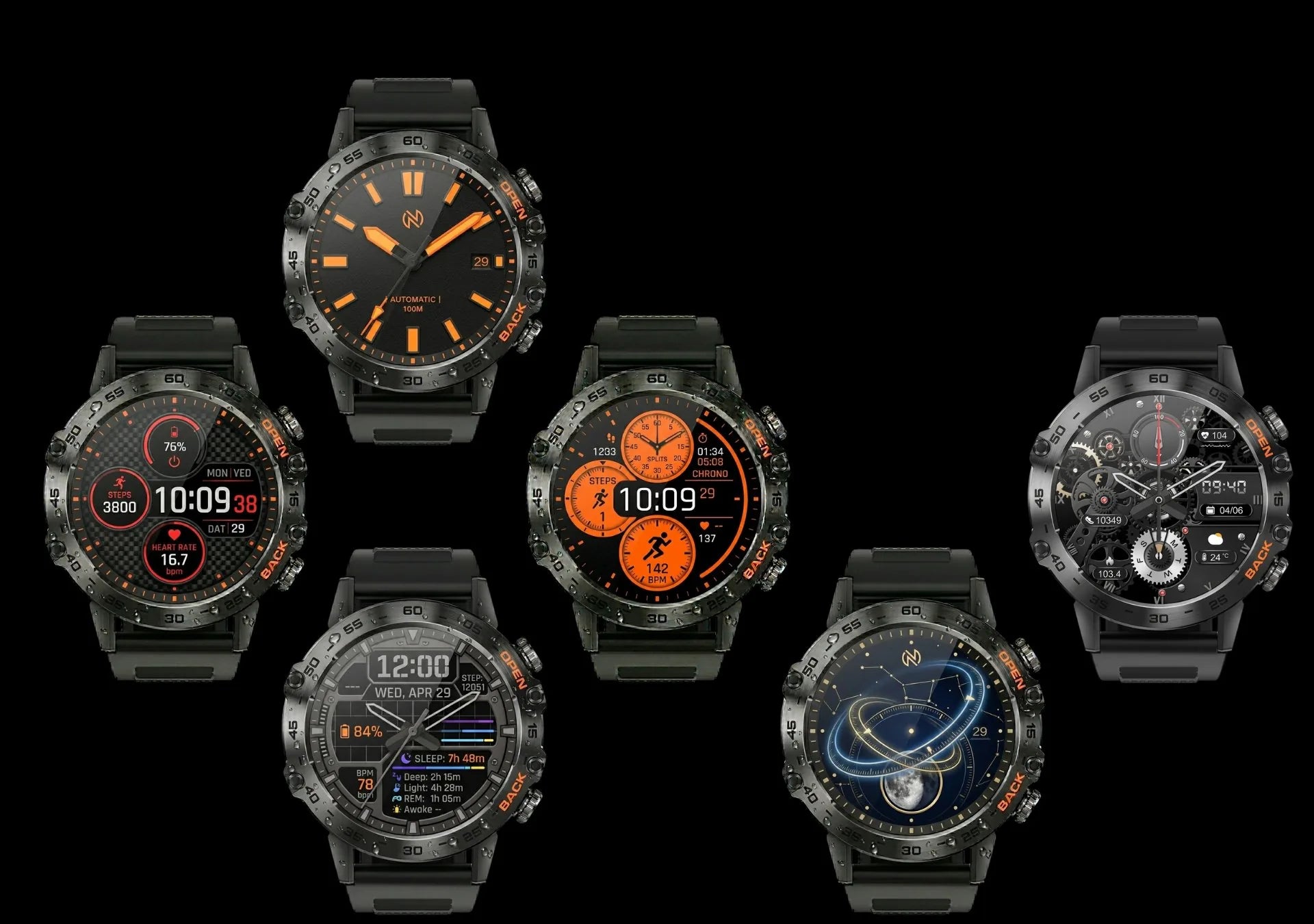 AEGA Nomadic round smart watch shown with a range of customisable watch faces
