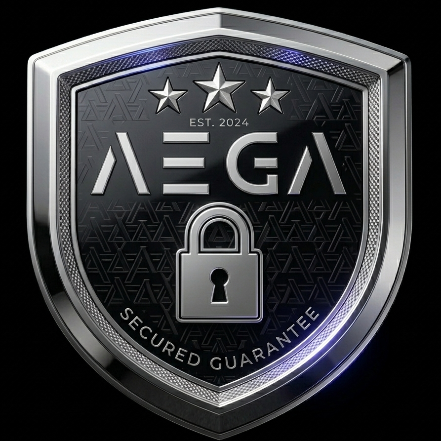 Shield-shaped logo with 'AEGA' and a lock symbol on a dark background