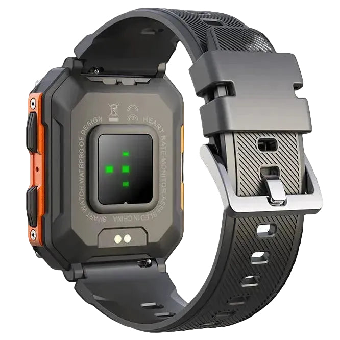 AEGA Nomad rugged smart watch, back of the case showing the heart rate sensor and charging contacts, with black silicone strap