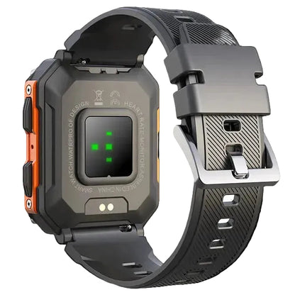 AEGA Nomad rugged smart watch, back of the case showing the heart rate sensor and charging contacts, with black silicone strap