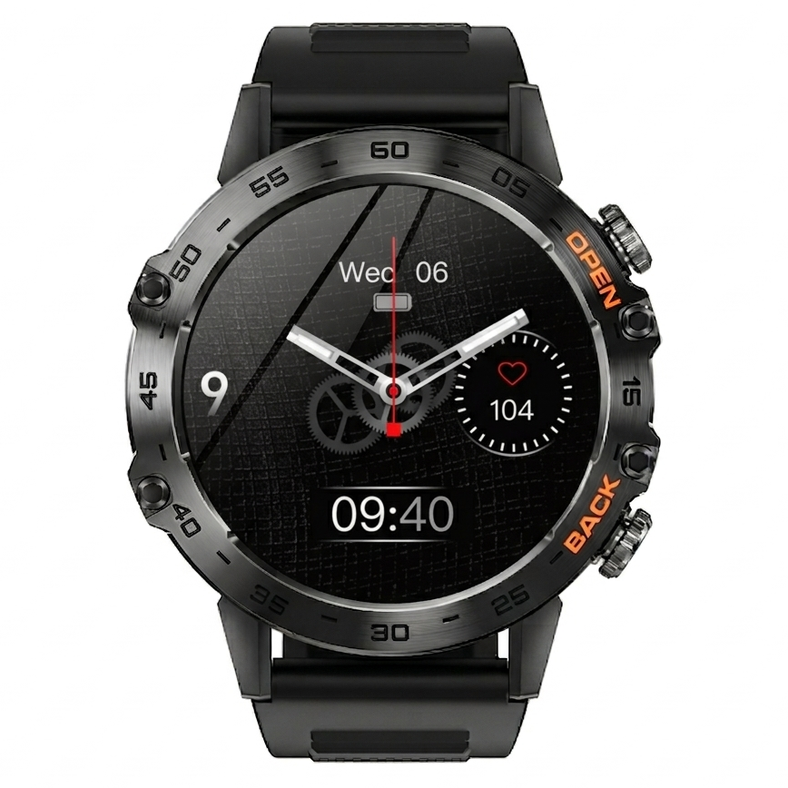 Black smartwatch with a detailed display on a white background